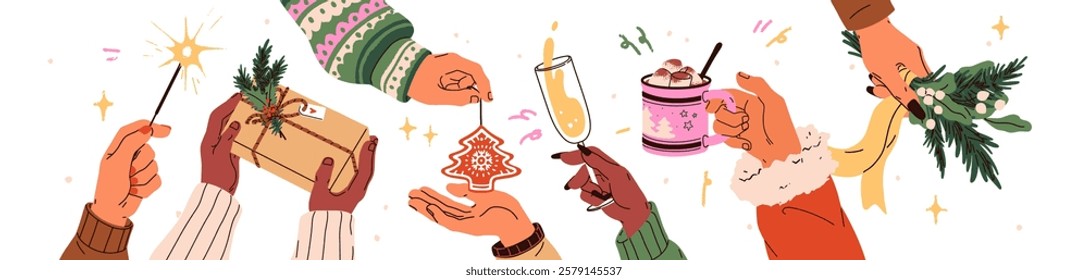 Hands celebrating Christmas, holding gift, champagne, festive light, winter mug and tree branches. Holiday celebration with Xmas ornaments. Flat vector illustration isolated on white background