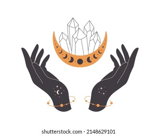 Hands with celestial mystical symbols. Mystical, esoteric or healing crystals. Linear art. Editable strokes. Vector illustration