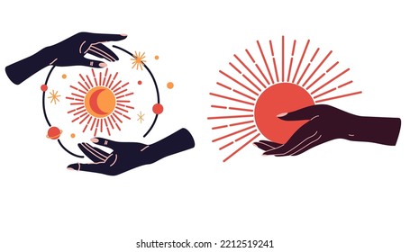 Hands with celestial mystical symbols set of magic. Spiritual boho logo, design elements with moon, plant, sun. Black silhouette of woman arms isolated on white. Vector illustration