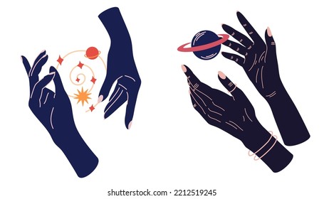 Hands with celestial mystical symbols set of magic. Spiritual boho logo, design elements with moon, plant, sun. Black silhouette of woman arms isolated on white. Vector illustration