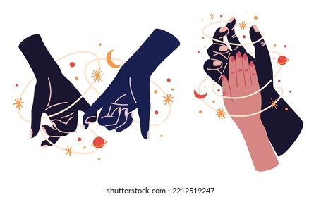 Hands with celestial mystical symbols set of magic. Spiritual boho logo, design elements with moon, plant, sun. Black silhouette of woman arms isolated on white. Vector illustration