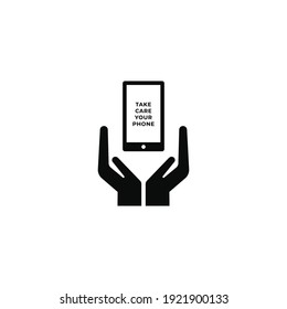 Hands with cell phone. Take Care Your Phone icon sign symbol. Vector template