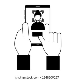 hands with cellphone face scan biometric technology