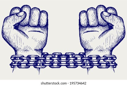 Hands chained in a chain. Doodle style