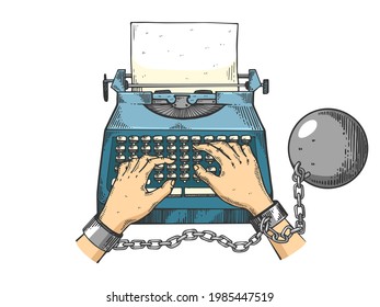 Manos encadenadas a la ilustración vectorial de dibujo de líneas de máquina de escribir. Diseño de impresión de ropa de camiseta. Imitación de tablero de raquetas. Imagen dibujada a mano en blanco y negro.