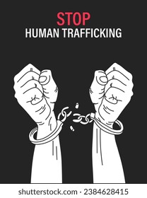 Hands in chains. Stop human trafficking. National slavery and human trafficking concept. Illustration, vector.