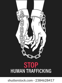 Hands in chains. Stop human trafficking. National slavery and human trafficking concept. Illustration, vector.