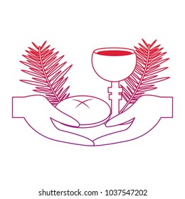 hands with chalice bread christian catholic paraphernalia  icon image vector illustration design  red to purple line