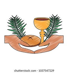 hands with chalice bread christian catholic paraphernalia  icon image vector illustration design 