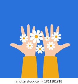 Hands with chamomile flowers. Flat design. Vector illustration 