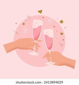 Hands with champagne glasses toast, St. Valentine s day concept. Vector illustration in simple modern style