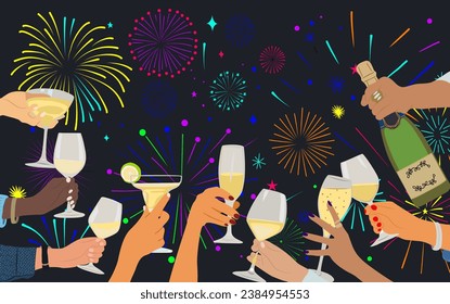 Hands with champagne on firework vector background. 3D Illustration