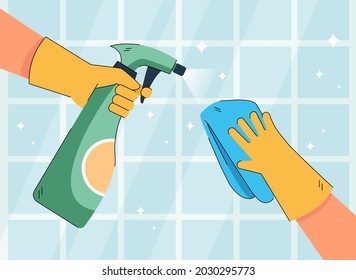 Manos de carácter en guantes limpiando la cocina o las baldosas de baño. Esparcimiento y limpiado de la superficie de la persona con pulverización y limpiado de ilustración vectorial plana. Higiene, concepto doméstico para banner, diseño de sitios web