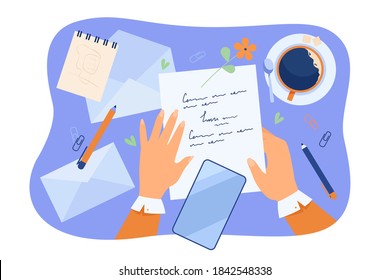 Hands Of Character Writing Letter At Desk With Papers, Pencil, Envelopes And Coffee Cup. Woman Sending Message To Her Future Self. Vector Illustration For Sending Mail Or Postcard To Yourself Concept