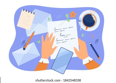 Hands of character writing letter at desk with papers, pencil, envelopes and coffee cup. Woman sending message to her future self. Vector illustration for sending mail or postcard to yourself concept