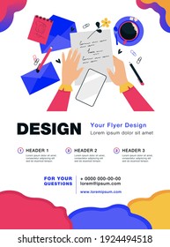 Hands of character writing letter at desk with papers, pencil, envelopes and coffee cup. Woman sending message to her future self. Vector illustration for sending mail or postcard to yourself concept