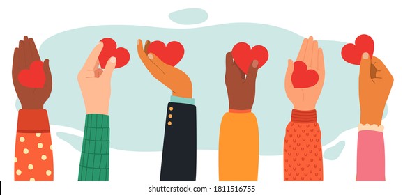 Hands charity concept. Give, share love to people, charity and donation hands with heart symbol, hands with love messages vector illustration. Volunteering, raised up diverse human palms