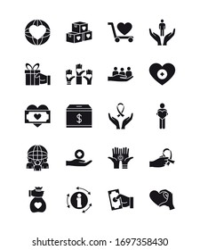hands and charity and donation icon set over white background, silhouette style, vector illustration