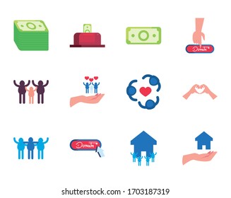hands and charity donations icon set over white background, flat style, vector illustration