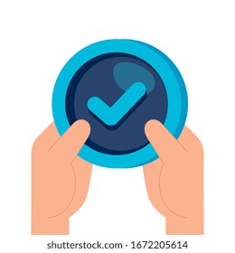 hands with check symbol in frame circular vector illustration design