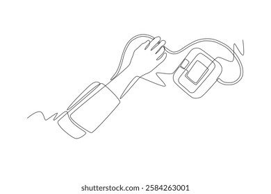 Hands checking blood pressure. Taking blood pressure concept one-line drawing