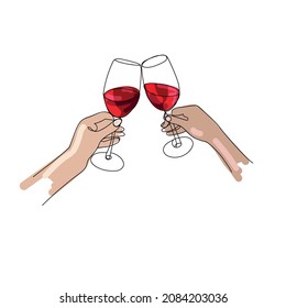 Manos animando con vasos de vino tinto.Gafas de vino en manos femeninas, dibujadas con un estilo de esbozo, aisladas en un fondo blanco.Ilustración vectorial.Dibujo manual