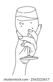 Hands cheering with glasses of wine. Hands gestures hold wineglass or drink cocktails. Line art, icons or symbol, illustration logo