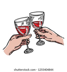 Hands cheering with glasses of wine. Vector illustration