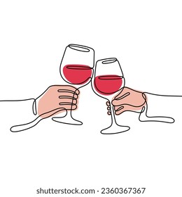 Hands cheering with red wine glasses continuous line colourful vector illustration