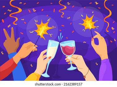 Brindis con ánimo de aplauso. Fiesta de bebidas de club femenino, vino de champán de cristal animado, reunión de amigos celebrar cumpleaños o trabajo de navidad banquete caricatura de fondo claro ilustración vectorial