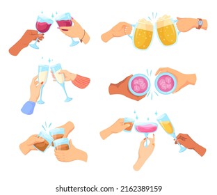 Hands cheers cup drinks. Company enjoying alcohol cocktail hand cup drink toast of cheerful friend picnic wine glass or champagne beer arms mug beverage, neat vector illustration. Hand drink together