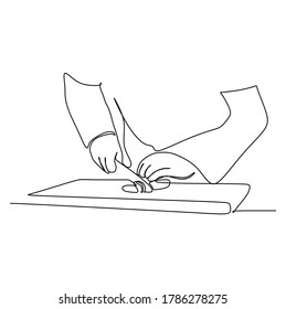 Hands of chef chopping the ingredient on a plate. Continuous one line drawing. Vector illustration