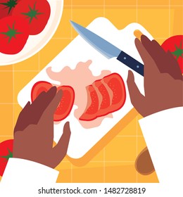 hands of chef with knife and kitchen board