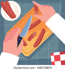 hands of chef with knife and kitchen board