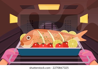 Hands of chef in protection kitchen gloves bake fish vector illustration. Cartoon isolated hands in pink protective mittens open oven door, hold tray with baked seafood and vegetables for dinner