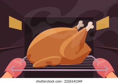 Hands of chef in safety gloves holding tray with turkey vector illustration. Cartoon person cooking Thanksgiving food with kitchen equipment, opening oven door to put bird to roast background