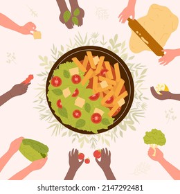 Hands of chefs cook pasta, top view vector illustration. Cartoon people prepare ingredients, roll out dough with rolling pin on kitchen table, hold vegetables, cheese background. Master class concept