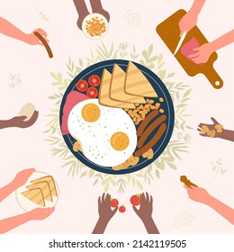 Hands of chefs cooking English breakfast on kitchen table, top view. Fried eggs with sausages and meat, cereal bread, beans and sliced tomato in frying pan flat vector illustration. Food concept