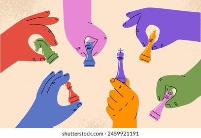 Hands with chess pieces. People playing in chess and game for logic, tactics and strategy. Business team and partners. Collaboration and cooperation, teamwork. Cartoon flat vector illustration