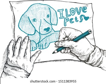 Hands of a child with a child's drawing of a dog - vector illustration, isolated on white, stylized engraving