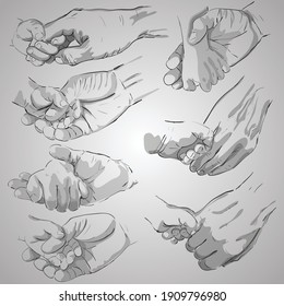 Hands of child and father. Set of hands. Vector illustration