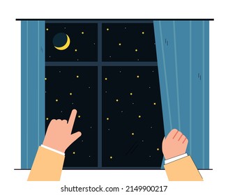 Hands of child opening curtains at night. Finger pointing at moon in starry sky outside window flat vector illustration. Dreams, childhood concept for banner, website design or landing web page