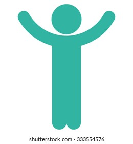 Hands Up Child vector icon. Style is flat symbol, cyan color, rounded angles, white background.