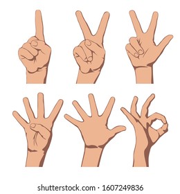 Manos de niños que muestran uno, dos, tres, cuatro y cinco dedos y un ringlet plegado aislado en blanco. Ilustración del vector