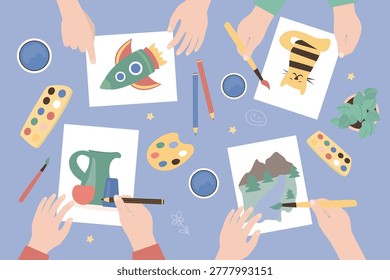 Hands of children work together on various colorful drawings at messy art desk. Rocket, cat and landscape being painted with brushes and pencils. Top view, table with art supplies. vector illustration