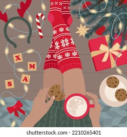 Hands with chocolate cookies, cup, Christmas tree and gifts. Flat lay winter illustration
