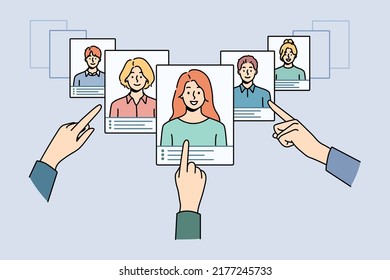 Hands choose digital CV of work candidates or applicants in app. Employer or recruiter make decision on resume of people seek for job. Employment and recruitment. Vector illustration. 