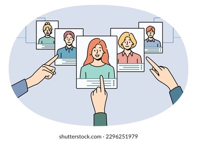 Hands choose digital CV of work candidates or applicants in app. Employer or recruiter make decision on resume of people seek for job. Employment and recruitment. Vector illustration.