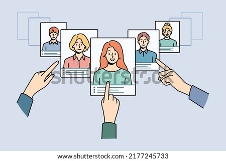 Hands choose digital CV of work candidates or applicants in app. Employer or recruiter make decision on resume of people seek for job. Employment and recruitment. Vector illustration. 
