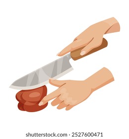 Mãos cortando comida com uma faca. Ilustração vetorial